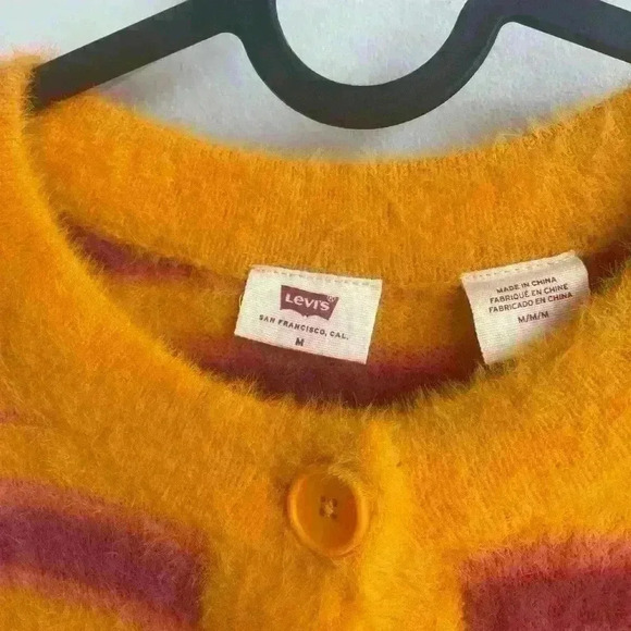 Levi's  Cat Cardigan Sweater Fuzzy Size M Orange Purple Stripes Button-up - Picture 8 of 9